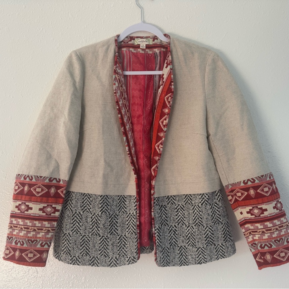 Nurture Boho Linen Blend Open Front Multicolored Patterned Blazer - Small